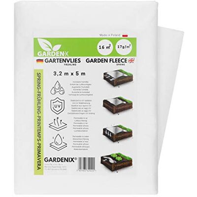 GARDENIX voorjaarstuinvlies van 16 m² met waterdoorlatendheid, voor het afdekken van groentebedden, UV-stabilisatie (3,2 m x 5 m) GARDENIX voorjaarstuinvlies van 16 m² met waterdoorlatendheid, voor het afdekken van groentebedden, UV-stabilisatie (3,2 m x 5 m)