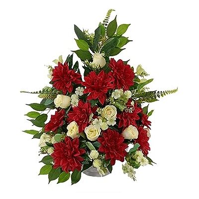 DRW Kunstbloemencentrum begraafplaats, heiligen, kerken, jubilea, ceremonies, witte en rode bruiloften met rode dahlia's en witte rozen, 65 x 60 x 35 cm DRW Kunstbloemencentrum begraafplaats, heiligen, kerken, jubilea, ceremonies, witte en rode bruiloften met rode dahlia's en witte rozen, 65 x 60 x 35 cm
