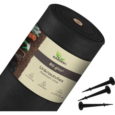 GARDENIX 100 m² onkruiddoek met 100 grondankers, 1 m x 100 m, waterdoorlatend 80 g/m², zwart, UV-bestendig folie, vlies, verhoogd bed, onkruidbeschermingsfolie, tuinfolie, perkfolie, plantenfolie GARDENIX 100 m² onkruiddoek met 100 grondankers, 1 m x 100 m, waterdoorlatend 80 g/m², zwart, UV-bestendig folie, vlies, verhoogd bed, onkruidbeschermingsfolie, tuinfolie, perkfolie, plantenfolie