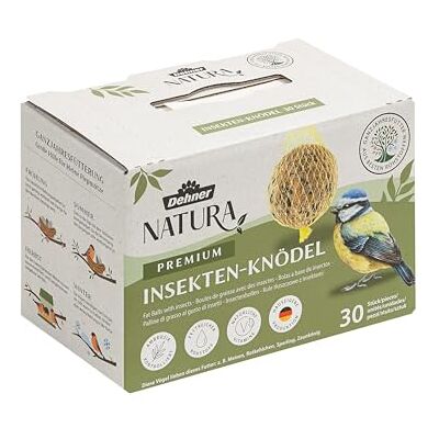 Dehner Natura Premium mezenbollen met net, insectenknoedels, het hele jaar door, wilde vogelvoer rijk aan eiwitten/energierijk, 30 stuks van elk 90 g (2,7 kg), karton van FSC-gecertificeerde Dehner Natura Premium mezenbollen met net, insectenknoedels, het hele jaar door, wilde vogelvoer rijk aan eiwitten/energierijk, 30 stuks van elk 90 g (2,7 kg), karton van FSC-gecertificeerde