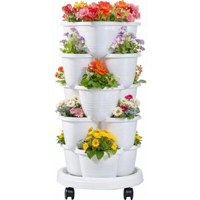 VECELO Verticale tuinplanter met 5 niveaus, zelfbewaterende stapelbare plantenbakken met wielen, voor aardbeien, kruiden, bloemen, groenten, wit VECELO Verticale tuinplanter met 5 niveaus, zelfbewaterende stapelbare plantenbakken met wielen, voor aardbeien, kruiden, bloemen, groenten, wit