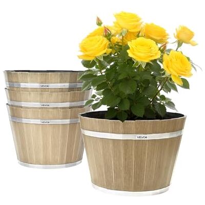 VEVOR Plantenpotten, verpakking van 4 stuks, 11,8 inch whiskyvat plantenbakken met drainagegaten, grote buiten plastic decoratie bloempot imitatie wijnvat ontwerp voor binnen buiten tuin huisplanten VEVOR Plantenpotten, verpakking van 4 stuks, 11,8 inch whiskyvat plantenbakken met drainagegaten, grote buiten plastic decoratie bloempot imitatie wijnvat ontwerp voor binnen buiten tuin huisplanten
