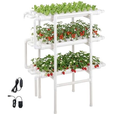 VEVOR Hydrocultuursysteemset met 3 niveaus en 108 locaties met UPVC-buizen, tijdgestuurde irrigatie, slangen die zon en licht blokkeren, voor groenten binnenshuis, tuin VEVOR Hydrocultuursysteemset met 3 niveaus en 108 locaties met UPVC-buizen, tijdgestuurde irrigatie, slangen die zon en licht blokkeren, voor groenten binnenshuis, tuin