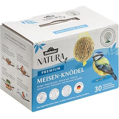 Dehner Natura Premium mezenbollen met net, het hele jaar door, eiwitrijk/energierijk, vogelvoer voor wilde vogels, 30 stuks van 90 g (2,7 kg), karton van FSC-gecertificeerde productie Dehner Natura Premium mezenbollen met net, het hele jaar door, eiwitrijk/energierijk, vogelvoer voor wilde vogels, 30 stuks van 90 g (2,7 kg), karton van FSC-gecertificeerde productie