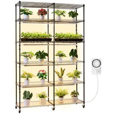 VEVOR Plantenstandaard voor binnen, met groeilamp, plantenrek, 6 niveaus, van metaal, dubbele rij, hoogte 180 cm, 200 W, met wielen, timer, displaystandaard voor bloempotten VEVOR Plantenstandaard voor binnen, met groeilamp, plantenrek, 6 niveaus, van metaal, dubbele rij, hoogte 180 cm, 200 W, met wielen, timer, displaystandaard voor bloempotten