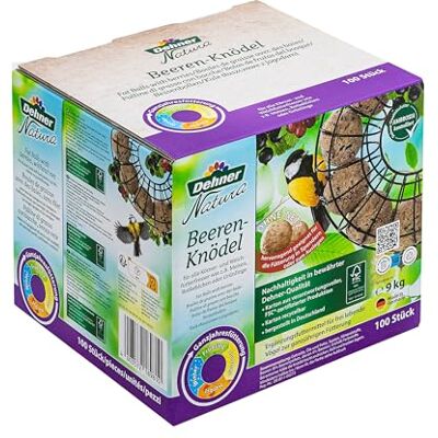 Dehner Natura Premium mezenbollen zonder net, bessenbolletjes, het hele jaar door, eiwitrijk/energierijk, 100 stuks van 90 g (9 kg), karton van FSC-gecertificeerde productie Dehner Natura Premium mezenbollen zonder net, bessenbolletjes, het hele jaar door, eiwitrijk/energierijk, 100 stuks van 90 g (9 kg), karton van FSC-gecertificeerde productie