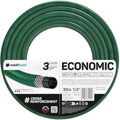 Cellfast Tuinslang ECONOMIC, flexibel, 3-laagse slang, Polyester gekruist gevlochten, UV-bestendig, 1/2", 30m, Groen Cellfast Tuinslang ECONOMIC, flexibel, 3-laagse slang, Polyester gekruist gevlochten, UV-bestendig, 1/2", 30m, Groen