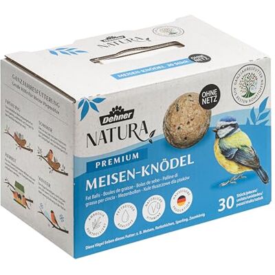 Dehner Natura Premium mezenbollen zonder net, het hele jaar door, eiwitrijk/energierijk, vogelvoer voor wilde vogels, 30 stuks van 90 g (2,7 kg), karton van FSC-gecertificeerde productie Dehner Natura Premium mezenbollen zonder net, het hele jaar door, eiwitrijk/energierijk, vogelvoer voor wilde vogels, 30 stuks van 90 g (2,7 kg), karton van FSC-gecertificeerde productie