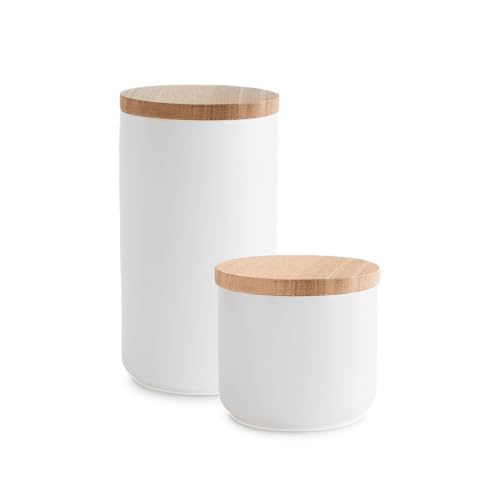 Springlane Kitchen Keramische voorraadpotten met houten deksel Sweet Scandi rubber hout deksel opslagcontainers, levensmiddelen opslagcontainers Set 2-delig