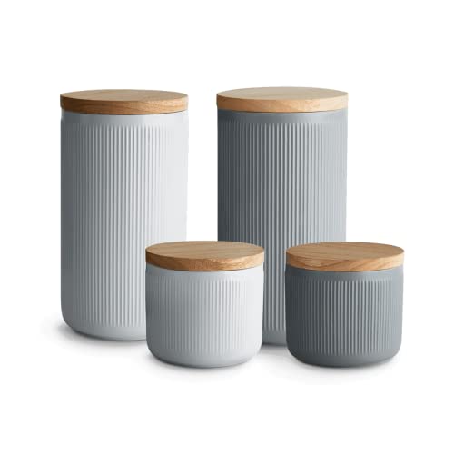 Springlane Kitchen Keramische voorraadpotten met houten deksel strepen, rubber hout deksel opslagcontainers, levensmiddelen opslagcontainers Set 4-delig