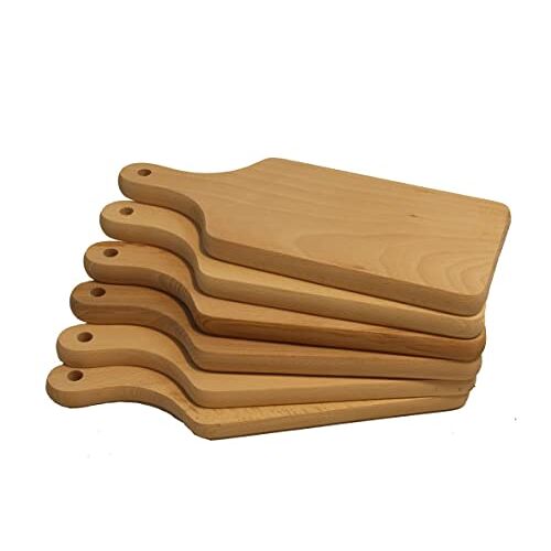 Gluecksshop Set van 6 ontbijtplanken, broodplanken, ontbijtplankjes, met handvat van onbehandeld natuurlijk hout, 26 x 11,5 x 1,8 cm