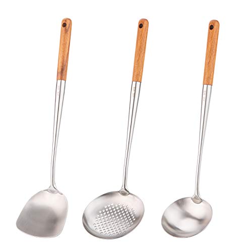 FJNATINH Wok Spatel en pollepel, Skimmer Ladle Tool Set, 17" Spatel voor Wok, 304 RVS Wok Spatel.