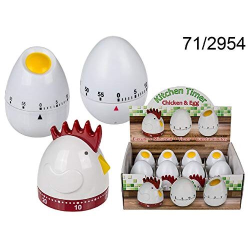 OOTB 36 x kunststof korte wekker, eierwekker Egg & Chicken, ca. 8 x 7 cm, 3-voudig gesorteerd, 12 stuks in display.