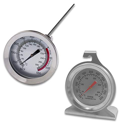 SourceTon Set van 2 roestvrijstalen ovenbewakingsthermometer en lange steel bakthermometer,  Dial Oventhermometer met haak en paneelbasis en 12" vlees kookthermometer