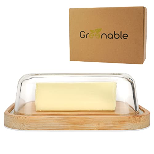 Greenable ® Botervloot duurzame botervloot van glas met een deksel van bamboe 100% BPA-vrij Voor 250g boter Milieuvriendelijke transparante botervloot met bamboe deksel