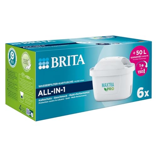 Brita Maxtra Pro All-in-1 Waterfilterpatroon, 6 stuks (halfjaarvoorraad) – reservecartridges verminderen kalk, chloor, pesticiden en verontreinigingen voor leidingwater met een betere smaak