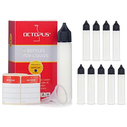 Octopus 10 x 30 ml vloeistofflessen met trechter + etiketten, zachte LDPE dispenserflessen voor e-liquids, e-sigaretten, Unicorn flessen voor vloeistoffen, plastic flessen + zwarte doppen