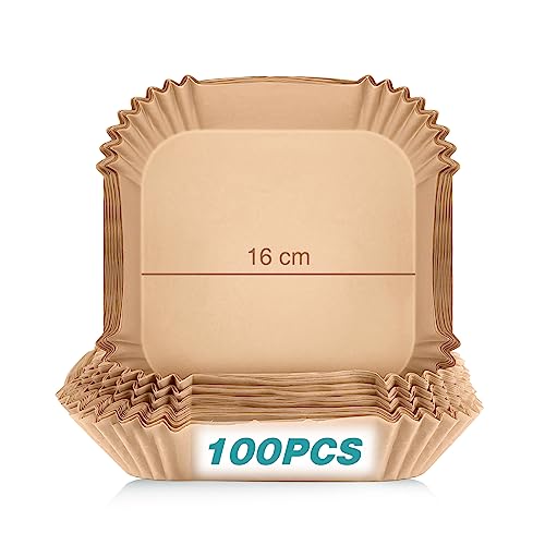 Qhou Bakpapier voor luchtfriteuses, 100 stuks bakpapier, luchtfriteuse, wegwerp bakpapier, water- en oliebestendig, luchtfriteusepapier voor lucht, friteuse, magnetron, stoompan