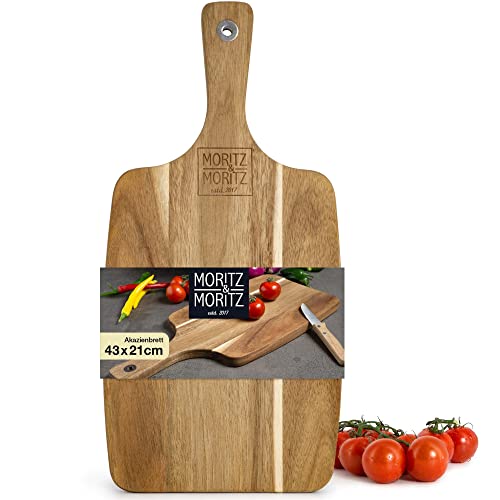 Moritz & Moritz Houten serveerplank met handvat, 43,5 x 21,5 x 1,9 cm, houten plank om te serveren, antibacteriële acaciahouten plank, keuken, ook als ontbijtplaat of kaasplaat van hout