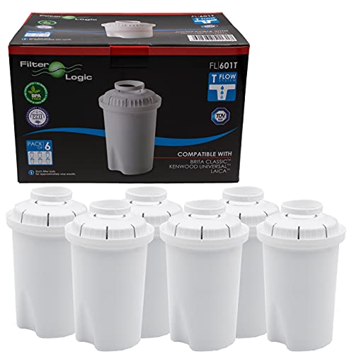 Filterlogic FL601T Waterfilterpatronen, 6-delige set, compatibel met Brita Classic waterfilterkannen, tafelwaterfilter, waterfilterpatronen