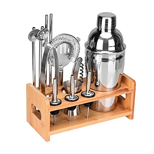 Lychee Cocktailshaker Set, 12 Stuks Cocktail Set Barman Kit Cocktail Set met Houten Standaard Roestvrij Staal Cocktail Mixer Bar Set voor Thuis en Bar (550ML)