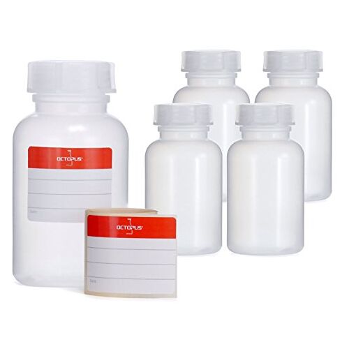 Octopus 5x 250 ml flessen van LDPE met brede hals met schroefdop, lege chemiefles, laboratoriumflessen met deksel als opbergvak voor laboratorium, keuken of hobby