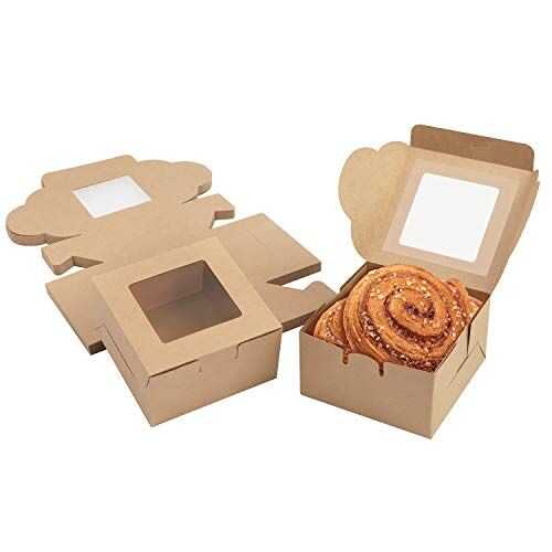 BELLE VOUS Bruine Papieren Kartonnen Enkel Bakkerij Banket Doosjes met Raampjes (50 Pak) – 10,16 x 10,16 x 5,7cm – Wegwerpverpakking Dozen Voor Koek, Cupcakes, Desserts, Taart en Geschenken