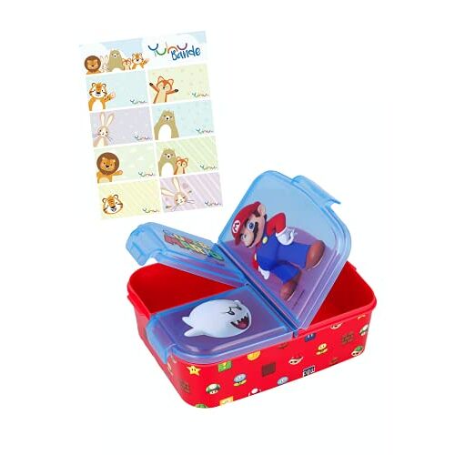 Yuhu Super Mario Lunchdoos Brooddoos Kinderlunchbox met 3 afzonderlijk afsluitbare compartimenten + naamstickers voor kinderen