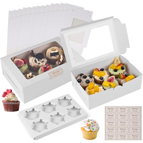 Teklemon Muffinbox, 15 stuks 6 cupcake-transportdozen, witte cupcake-muffinbox met transparant kijkvenster en stickers, taartdoos voor koekjes, cupcakes, macarons, muffins, taartdozen