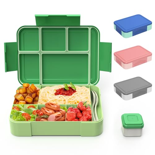 HOBUE Bento Lunchbox, lunchbox voor volwassenen, 1330 ml bentobox met 6 compartimenten, brooddozen met bestekset, lekvrije lunchbox voor kinderen, snackbox voor school, kleuterschool, kantoor, groen