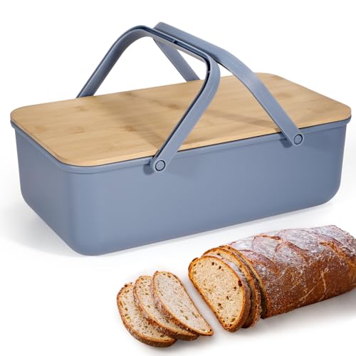 Cheerhom Broodtrommel met deksel, broodtrommel met handgreep, blauw, broodtrommel voor keuken, ruime retro broodtrommel van metaal, lang bewaren en vers houden, 38 x 21 x 13 cm