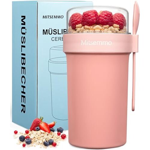 Mitsemmo Mueslibeker to go, 760 ml + 230 ml, mueslibeker to go, yoghurtbeker om mee te nemen, met lepel, cornflakes to go beker, mueslibeker, ontbijtdoos, mueslikom, yoghurt to go (roze)