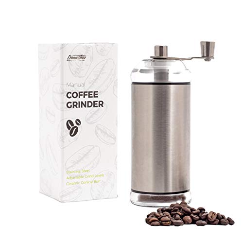 DOMESTICO Handmatige koffiemolen gemaakt van roestvrij staal en acrylglas met keramische molen, koffiemolen