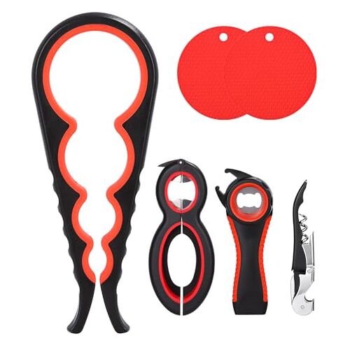 jutyum Set van 6 Potopener Grijper Flesopener Multifunctionele flesopener 6-in-1 multifunctionele blikopener Potopener Dekselopener Schroefdopopener 5-in-1 Dekselopener