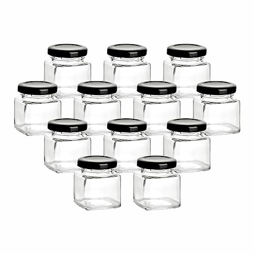 gouveo Set van 12 vierkante conserverpotten 50 ml met schroefdop zwart jam potten, opbergpotten, worstpotten, conserveringskaarten