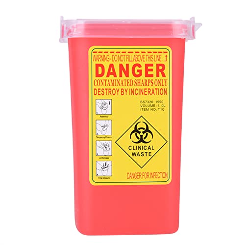 Lazmin 1 liter container voor scherpe voorwerpen, met één hand te gebruiken, plastic biohazard naaldverwijderingsafvalcontainer (rood)