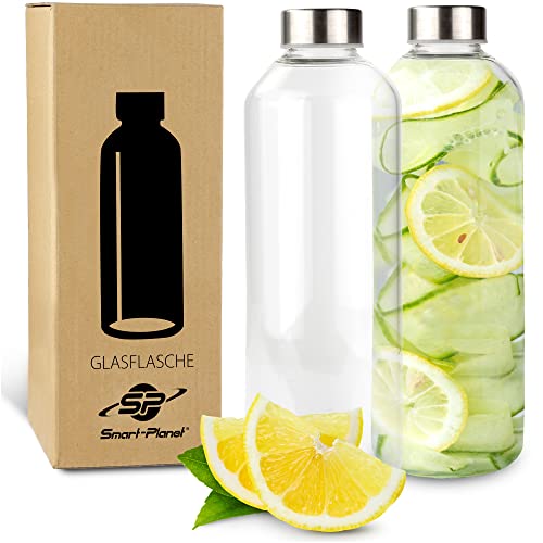 Smart-Planet Set van 2 hoogwaardige drinkflessen, 1 liter, glazen fles van borosilicaatglas, 1 liter, glazen drinkfles met deksel in roestvrijstalen look, drinkflessen voor sport