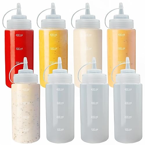 volila Knijpflessen voor Sauzen Ketchupfles Doseerfles Tie Dye Flessen Plastic Squeeze Dispensers Lege Sausflessen met Dop 415ml Transparant (8 stuks)