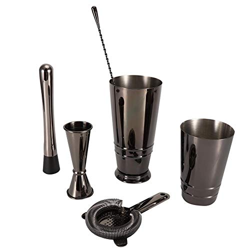 Jingyi Cocktailset, 5 stuks/set zwart roestvrij staal Boston Cocktail Shaker maatbeker zeef mengen lepel set cocktail shaker