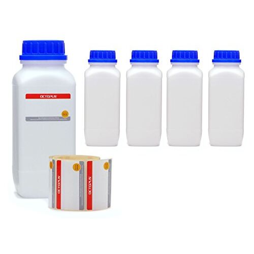 Octopus 5 x 1000 ml fles met brede hals en schroefdop, chemiefles, laboratoriumfles met deksel als opbergvak voor laboratorium, keuken of hobby