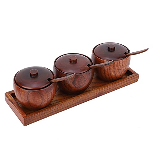 Yuecoom Retro houten kruidenpot, vakmanschap exquise kruidenpot met deksel houten doos, kruidenpot set voor koffie suikerpot kruidenpot