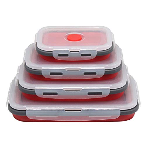 ZOOENIE Siliconen opvouwbare vershouddozen, 4 stuks, inklapbaar, vershouddozen, lunchbox/bento, voor levensmiddelen bewaren, invriezen en verwarmen, magnetron, vaatwasser (rood)