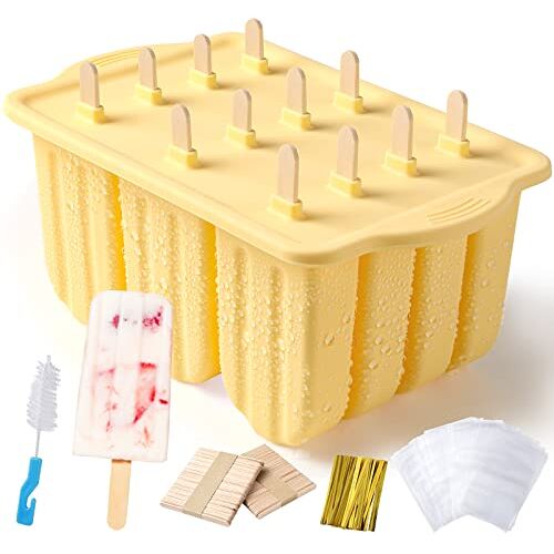 Sinnsally IJsvormen van silicone,12 ijslollyvormen,ijslollyvorm Ijsvormpjes,Siliconen ijsvormen,Waterijsvormen, ijsvorm,herbruikbare popsicle vormen set,BPA-vrije ijslollymaker,Ijslolly Makers met 100 Sticks