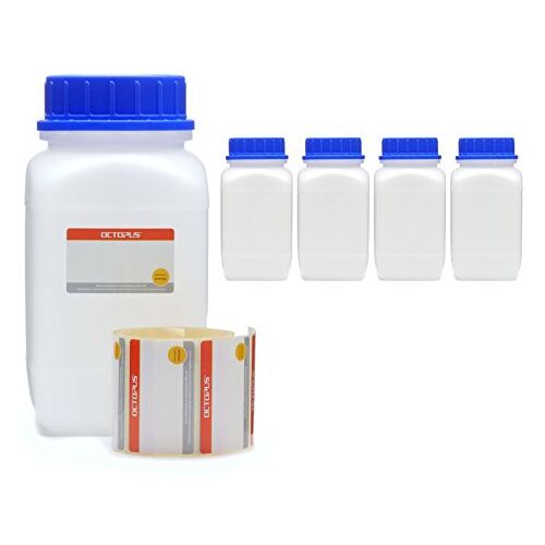 Octopus 5 x 1500 ml fles met brede hals en schroefdop, chemiefles, laboratoriumfles met deksel als opbergvak voor laboratorium, keuken of hobby