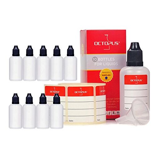 Octopus 10 x 50 ml vloeistofflessen met trechter + etiketten, bijv. voor e-liquids + e-sigaretten, plastic flessen van PE LDPE, vloeistofdoseringsflessen, druppelflessen of knijpflessen + zwarte doppen