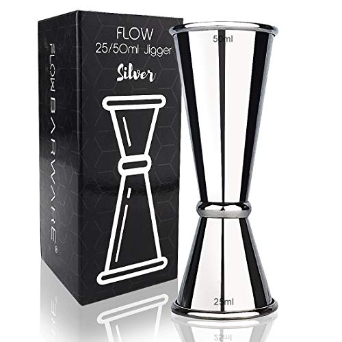 FLOW Barware Jigger 4-in-1 Shot Maat 25ml 50ml 15ml 35ml in een Cocktail Jigger & Alcoholmaatregel   Geest Maatregelen 25ml 50ml   Drankjes Maatregelen voor sterke drank   Zilver