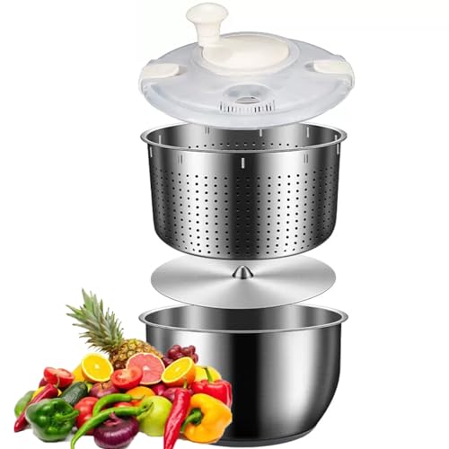 MiBoce Swift Dry Saladecentrifuge, droogautomaat voor groenten en fruit, van roestvrij staal, met kom van 6 liter, deksel van PP, voor het afdruipen van bladgroenten