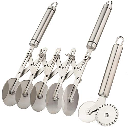 CHWAIKA 5 Wiel Gebak Cutter met Handvat set van 2 RVS Dubbele cutter Verstelbare Pizza Slicer Multi-Ronde Deeg Cutter Roller