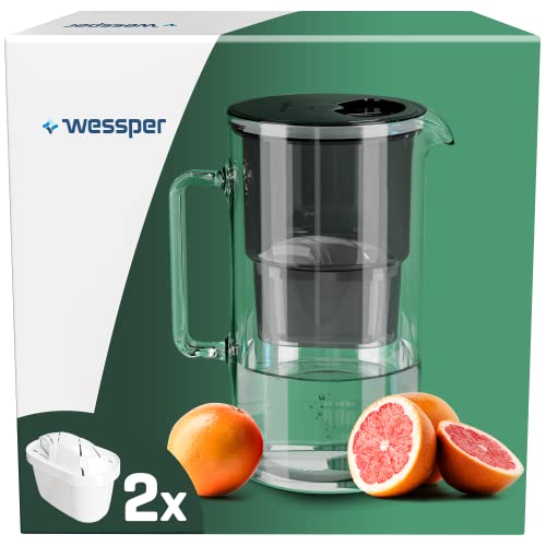 Wessper Glazen filterkaraf met twee filters voor karaffen, compatibel met Brita Maxtra, Brita Maxtra+, grote inhoud 2,5 l, set karaf + 2 patronen