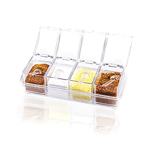 NEUSID Doorzichtige transparante kruidendoos, set van 4 kristallen kruiden opslag container met lepel helder kruidenrek kruidenpotten voor peper kruiden zout suiker opslag